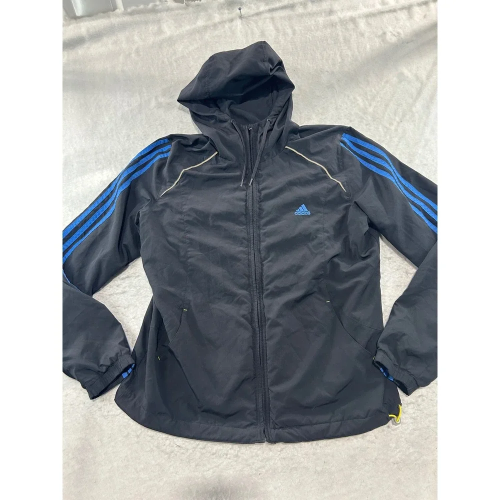 Adidas Mens Black Blue Stripe Hooded Windbreaker Full Zip Jacket Large